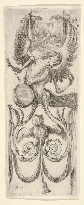 Death beating a drum above, an owl and a bell attached to a ribbon below, from "Ornaments or Grotesques" (Ornamenti o Grottesche) Wall Art by Stefano della Bella - High-Resolution Digital Print