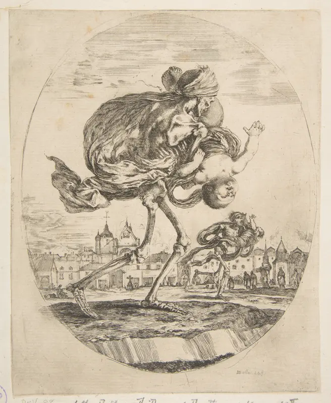 Death carrying an infant, from "The five deaths" (Les cinq Morts) Wall Art by Stefano della Bella - High-Resolution Digital Print