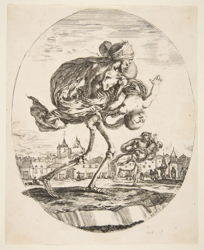 Death Carrying an Infant, from 'The five deaths' (Les cinq Morts) Wall Art by Stefano della Bella - High-Resolution Digital Print