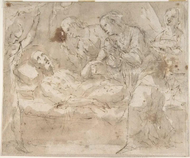 Death of a Male Saint (Joseph?) with Four Secondary Figures Wall Art by Anonymous, Spanish, School of Seville, 17th century - High-Resolution Digital Print