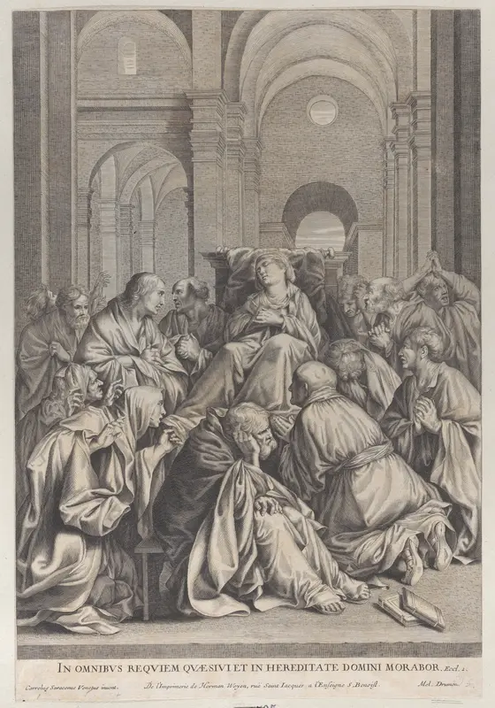 Death of the Virgin, lying on a chair at center, surrounded by Apostles, inside a temple Wall Art by Anonymous - High-Resolution Digital Print