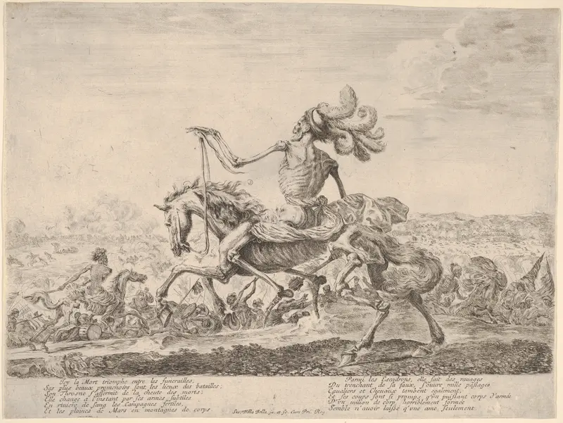 Death on a battlefield, atop a horse riding towards the left, wearing a hat with many feathers, other figures of Death battling to left and right in the background Wall Art by Stefano della Bella - High-Resolution Digital Print