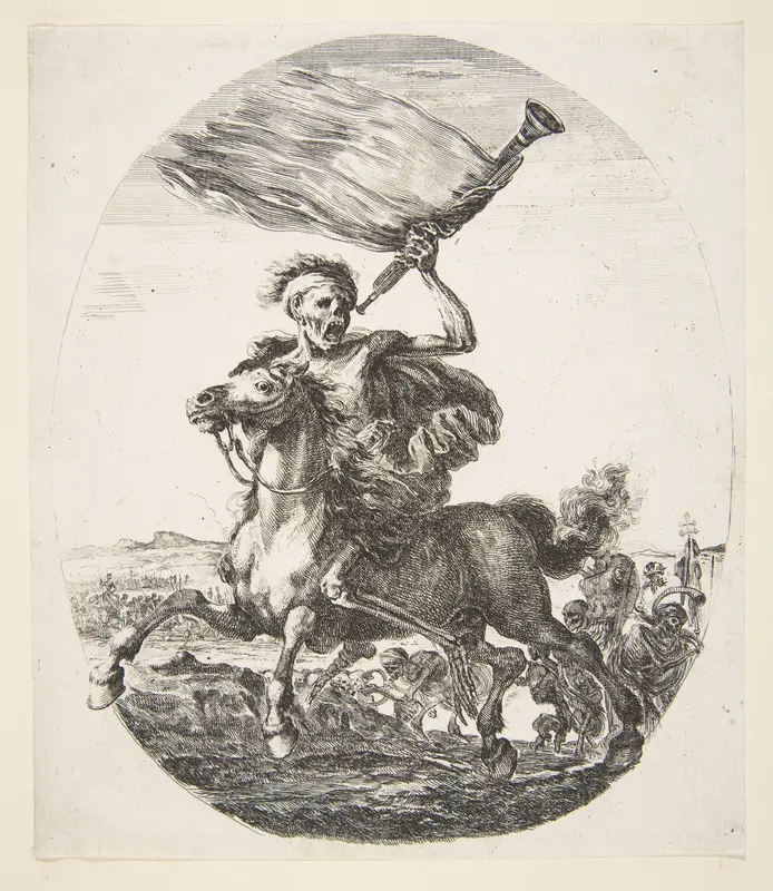 Death on horseback holding a trumpet, from 'The five deaths' (Les cinq Morts) Wall Art by Stefano della Bella - High-Resolution Digital Print