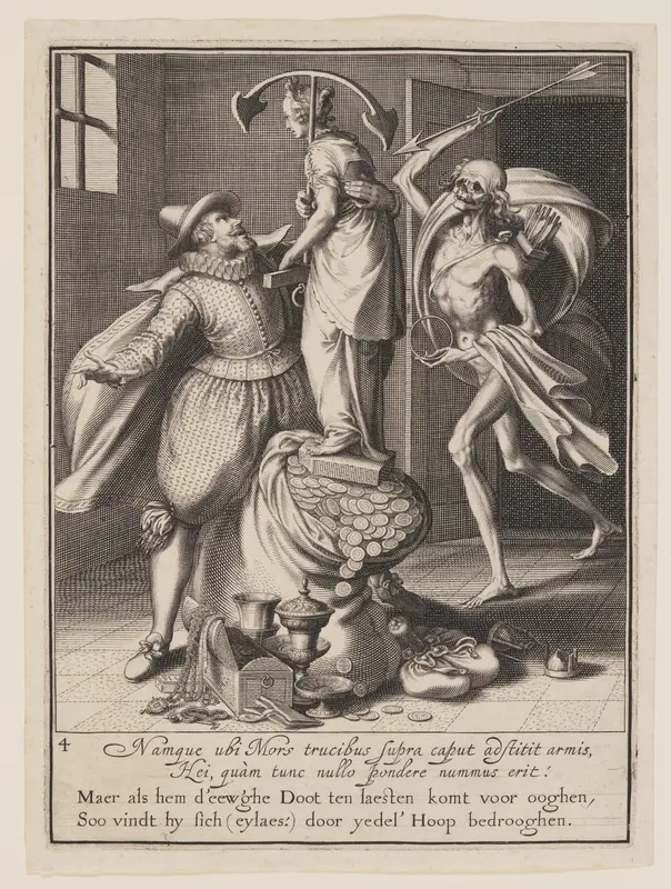Death with an Arrow About to Strike Man Down, from Allegory of the Misuse of Worldly Property Wall Art by Willem van Swanenburgh - High-Resolution Digital Print