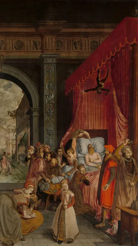 Deathbed of the Rich Man, with a Devil Descending to Retrieve the Deceased's Soul Wall Art by anonymous - High-Resolution Digital Print