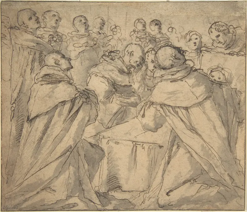 Deathbed Scene with Monks Wall Art by Anonymous, Italian, 16th to 17th century - High-Resolution Digital Print