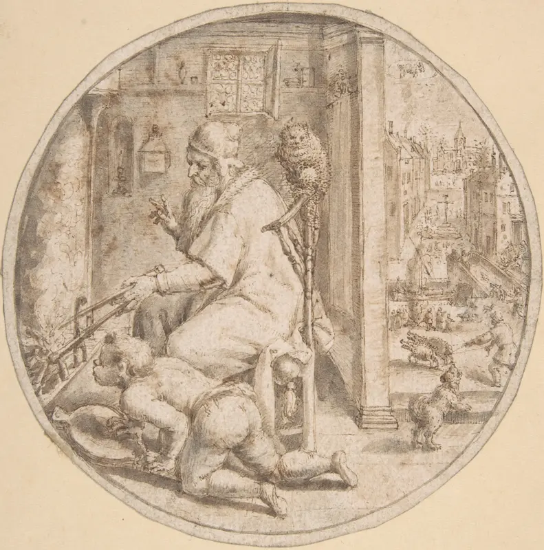 December: And Old Man Seated by a Hearth with a Young Man Blowing on the Fire Wall Art by Crispijn de Passe the Elder - High-Resolution Digital Print