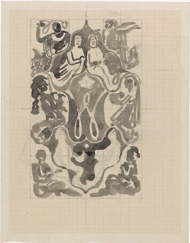 Decoratief ontwerp met gekroonde W omringd door personen Wall Art by Carel Adolph Lion Cachet - High-Resolution Digital Print