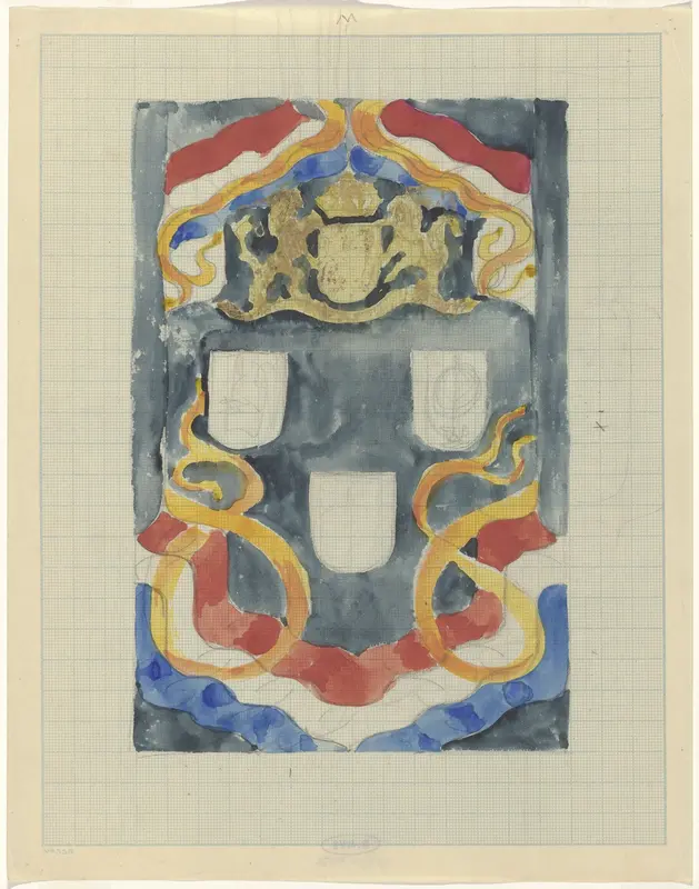 Decoratief ontwerp met het rijkswapen, vlaggen en vaandels Wall Art by Carel Adolph Lion Cachet - High-Resolution Digital Print