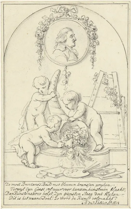 Decoratief ontwerp met putti met hoorn des overvloeds met een portret van Josephus Augustinus Brentano Wall Art by Adriaan de Lelie - High-Resolution Digital Print