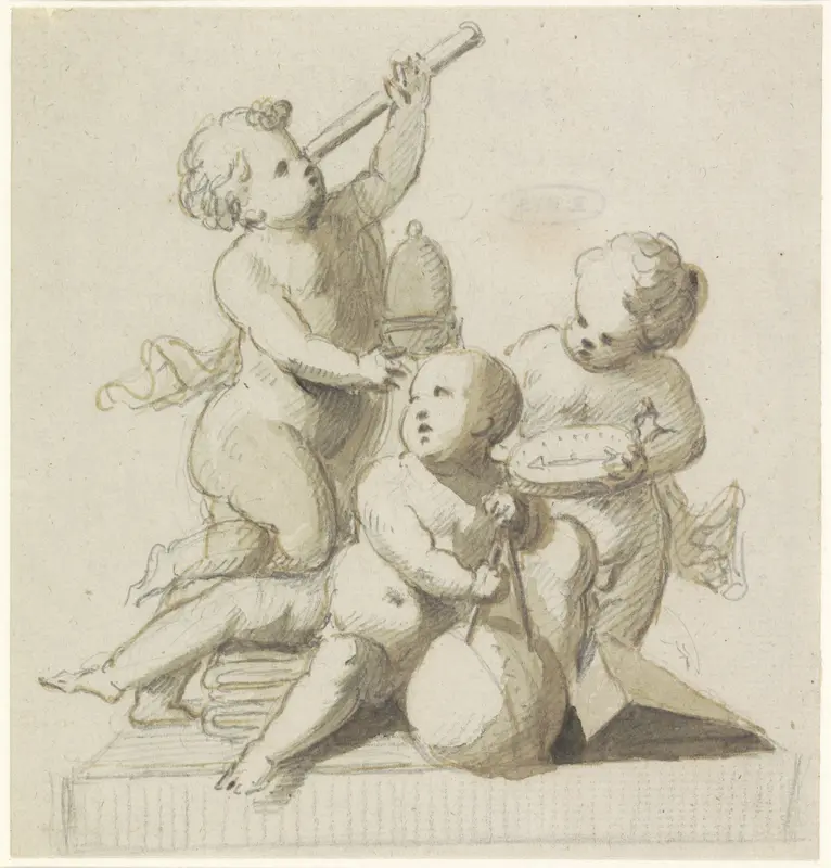 Decoratief ontwerp van putti met astronomische instrumenten Wall Art by anonymous - High-Resolution Digital Print