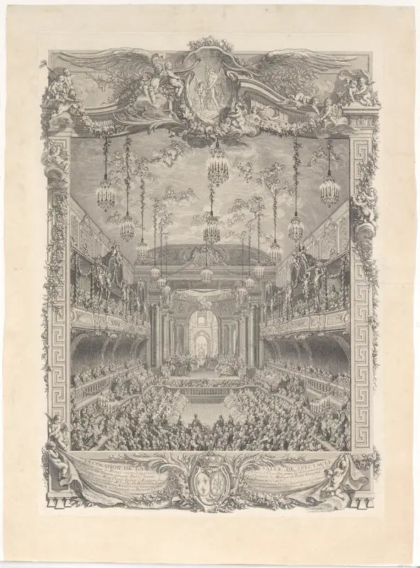 Decoration de la salle de spectacle construite a Versailles pour la representation de la Princesse de Navarre Wall Art by Charles Nicolas Cochin II - High-Resolution Digital Print