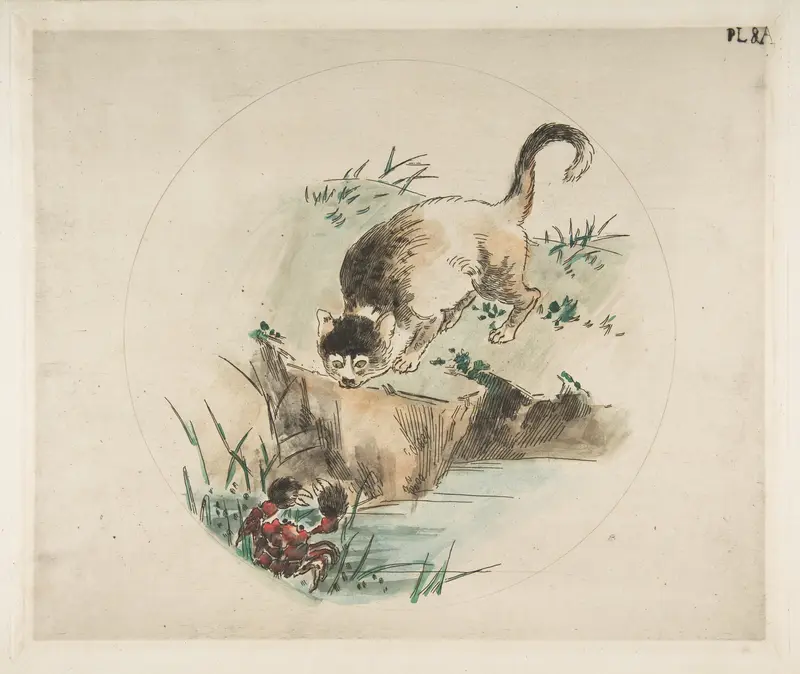 Decoration for a Plate: A Cat Hunting a Crab Wall Art by Félix Bracquemond - High-Resolution Digital Print
