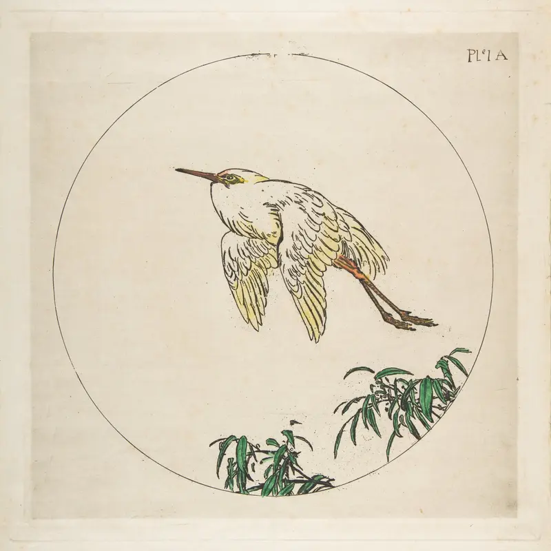 Decoration for a Plate: An Egret Flying Above Bamboo Branches Wall Art by Félix Bracquemond - High-Resolution Digital Print