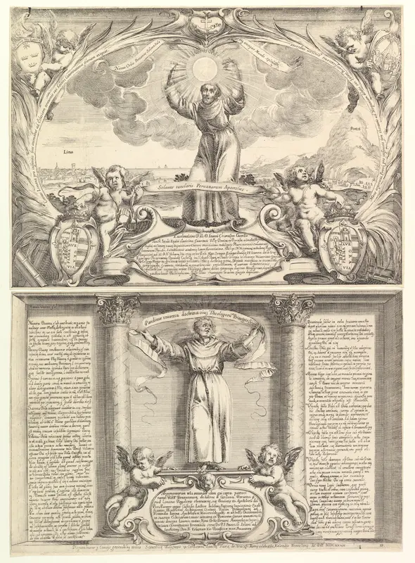 Decoration for a Thesis in Honor of Saint Francis Solano in two parts: the top part with Saint Francis Solano, arms raised and a sun in his hands, Mount Potosí at right; lower part with the doctor of the church holding a banner and two putti below Wall Art by Stefano della Bella - High-Resolution Digital Print