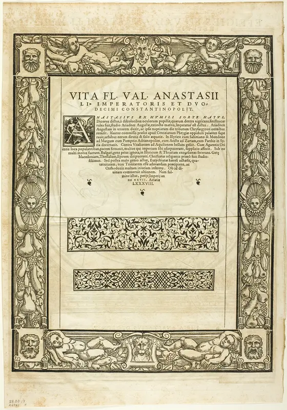 Decorative Border (recto) and Portrait of Emporer Anastasius (verso), plate nine from Woodcuts from Books of the XVI Century Wall Art by Hans Rudolf Manuel Deutsch - High-Resolution Digital Print