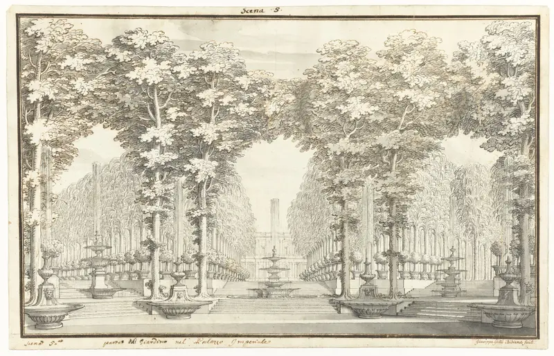 Decorontwerp voorstellende de tuin van het Keizerlijk Paleis Wall Art by Giuseppe Galli Bibiena - High-Resolution Digital Print