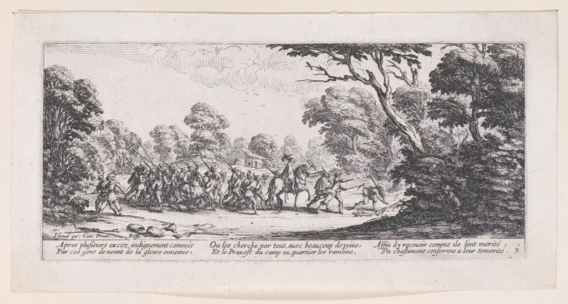 Découverte des Malfaiteurs (The Discovery of the Criminals), from Les Misères et les Mal-Heures de la Guerre (The Miseries and Misfortunes of War), plate 9 Wall Art by Jacques Callot - High-Resolution Digital Print