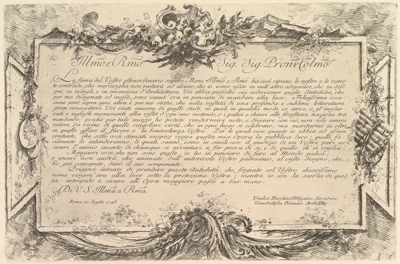 Dedication to Giovanni Bottari (Dédicace à Bottari), from "Antichità Romane de' Tempi della Repubblica, e de' primi Imperatori"