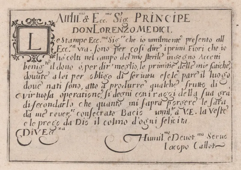 Dedication to Lorenzo de' Medici, from "Les Caprices" Series B, The Nancy Set Wall Art by Jacques Callot - High-Resolution Digital Print
