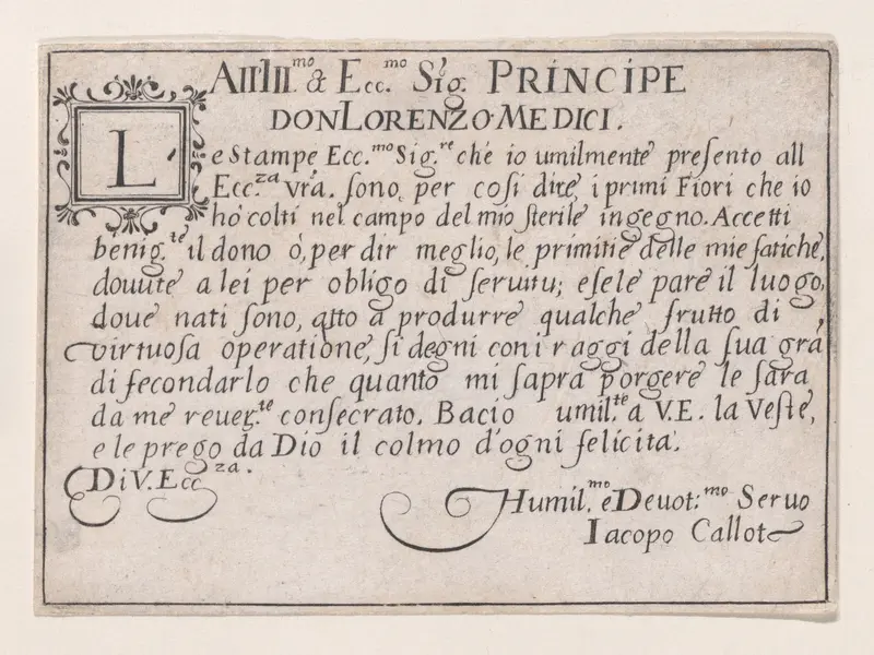 Dedication to Lorenzo de'Medici, from Les Caprices Series A, The Florence Set Wall Art by Jacques Callot - High-Resolution Digital Print
