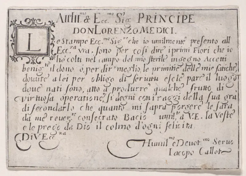 Dedication to Lorenzo de'Medici, from "Les Caprices" Series B, The Nancy Set Wall Art by Jacques Callot - High-Resolution Digital Print
