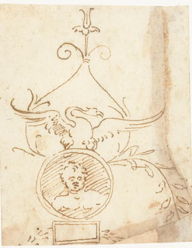 Deel van ornamentale paneelvulling met een putto in een medaillon Wall Art by anonymous - High-Resolution Digital Print