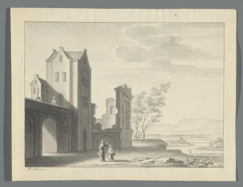 Deels vervallen stadsmuur met poort en enkele figuren Wall Art by Unknown - High-Resolution Digital Print