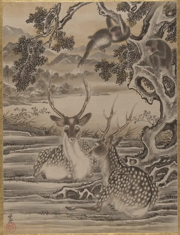Deer and Monkeys Wall Art by Kawanabe Kyōsai 河鍋暁斎 - High-Resolution Digital Print