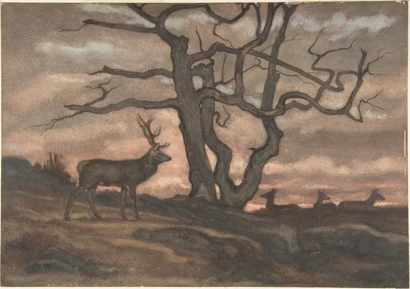 Deer and Tree Against Sunset Wall Art by Antoine-Louis Barye - High-Resolution Digital Print