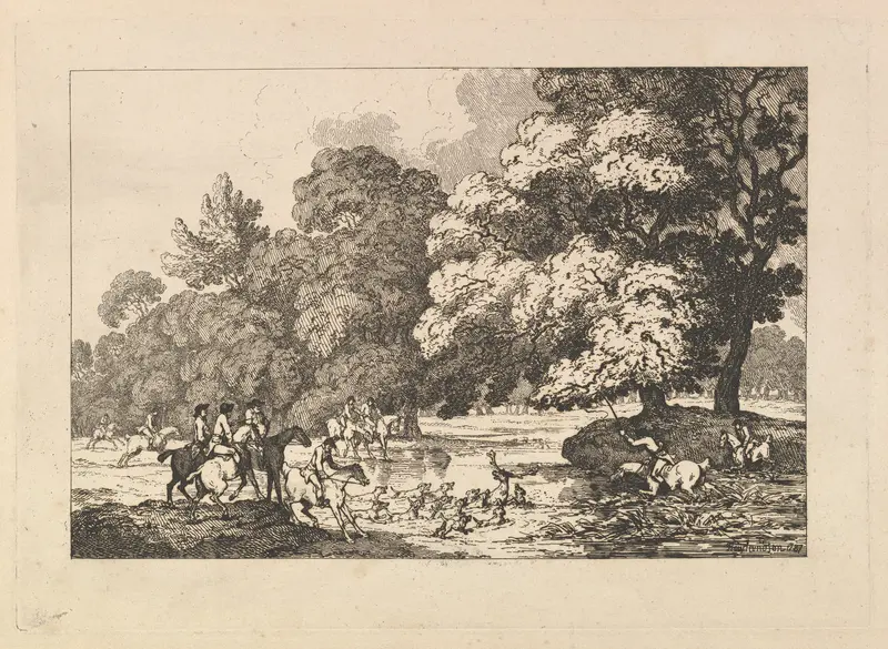 Deer Hunting – A Landscape Scene with Stag and Hounds in a River Wall Art by Thomas Rowlandson - High-Resolution Digital Print