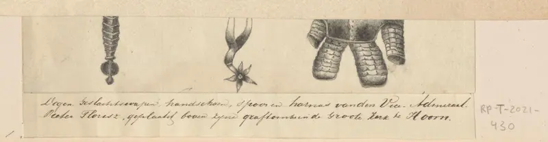 Degen, familiewapen, handschoen, spoor en harnas van Pieter Florisse Wall Art by Unknown - High-Resolution Digital Print