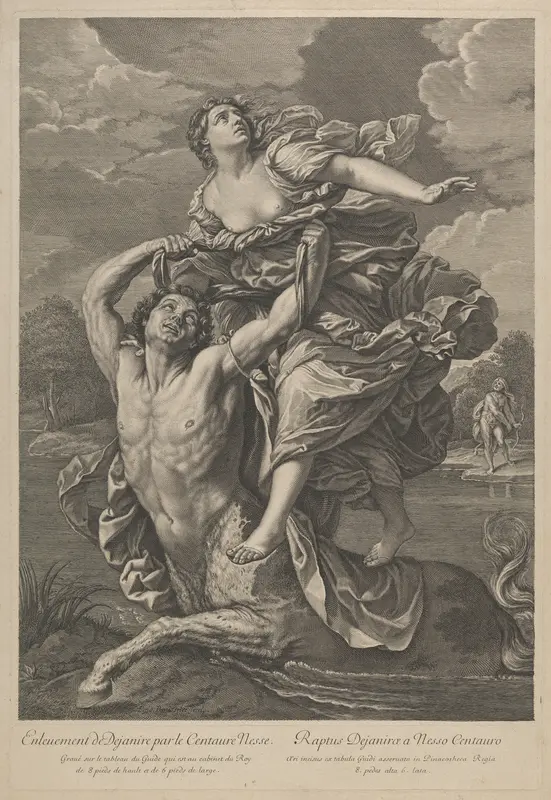 Dejanira being abducted by the centaur Nessos, a man with bow and arrow at right, after Reni Wall Art by Anonymous - High-Resolution Digital Print