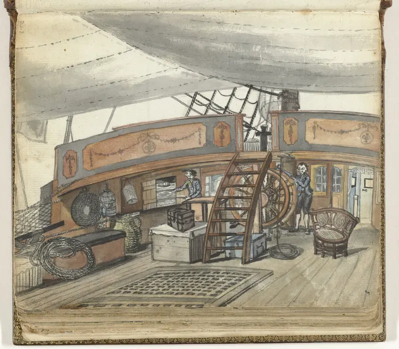 Dekzicht van een Oost-Indiëvaarder met stuurman aan het roer Wall Art by Jan Brandes - High-Resolution Digital Print
