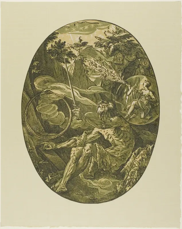 Demogorgon in the Cave of Eternity, plate one from Demogorgon and the Deities Wall Art by Hendrick Goltzius - High-Resolution Digital Print