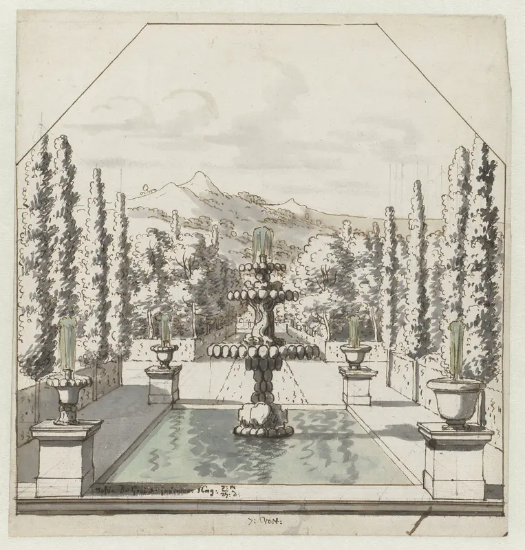 Denkbeeldig Italiaans landschap met een formele tuinvijver en fontein Wall Art by Josua de Grave - High-Resolution Digital Print