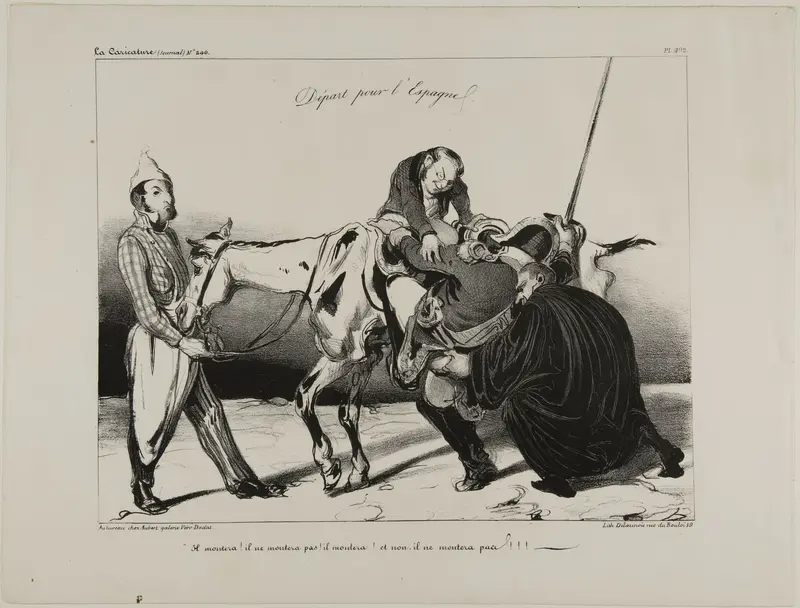Departure for Spain. “He will mount! he will not mount! he will mount! and no, he will not mount!!!,” plate 498