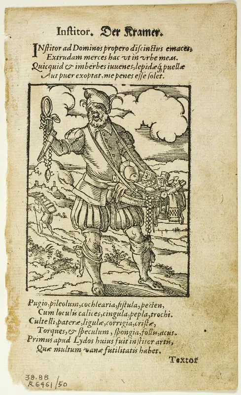 Der Kramer (The Peddler) from De omnibus illiberalibus sive mechanicis artibus by Hartmann Schopper, plate 50 from Woodcuts from Books of the XVI Century Wall Art by Jost Amman - High-Resolution Digital Print