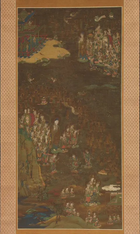 Descent and Return of Amida to Western Paradise with a Believer's Soul (Gōshō mandara)