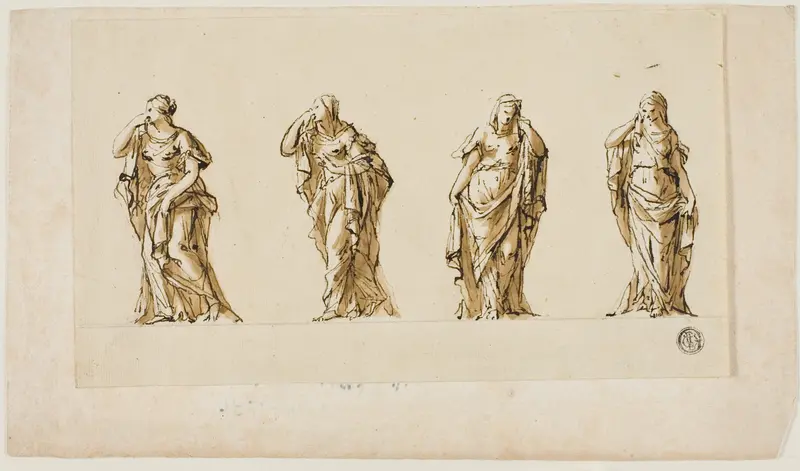 Design for a Funerary Monument: Four Draped Mourning Female Figures Wall Art by John Michael Rysbrack - High-Resolution Digital Print