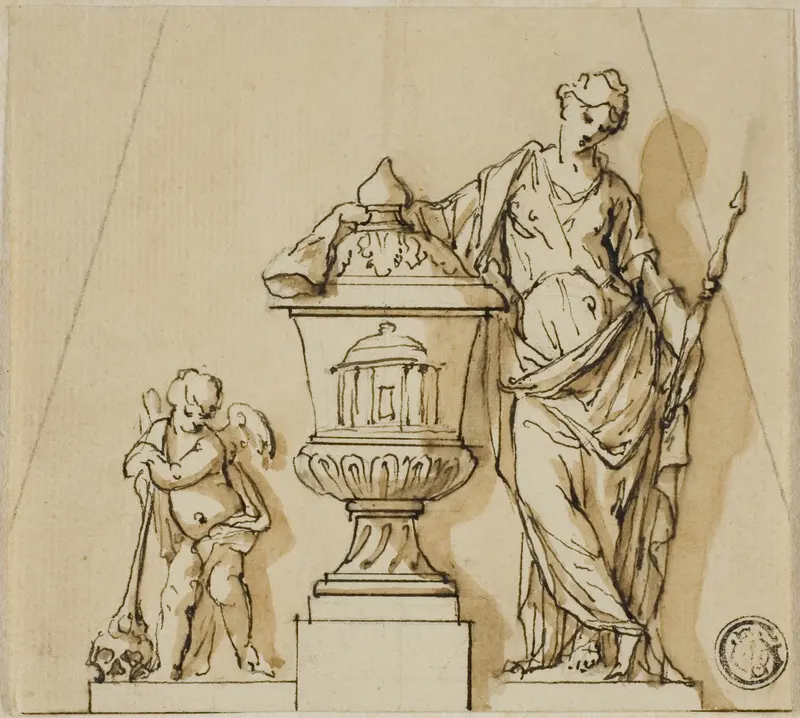 Design for a Funerary Monument with Fate, Putto, and Urn Wall Art by John Michael Rysbrack - High-Resolution Digital Print