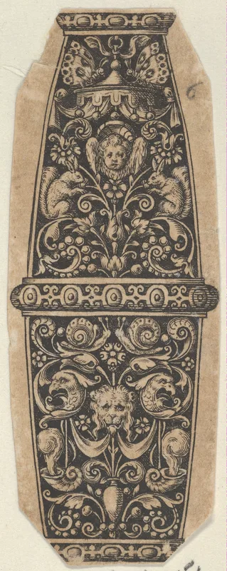 Design for a Sword or Dagger Handle with Putto-Head and Lion's-Head Masks Wall Art by Johann Theodor de Bry - High-Resolution Digital Print