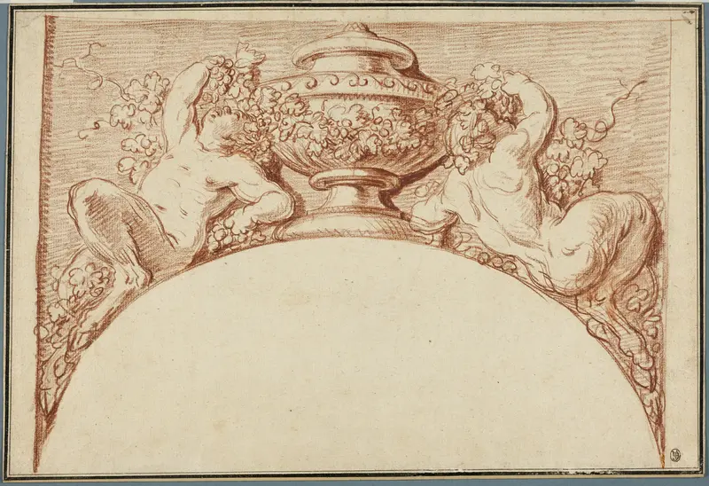 Design for an Archivolt: Two Fauns Supporting an Urn Wall Art by Clodion, (Claude Michel) - High-Resolution Digital Print