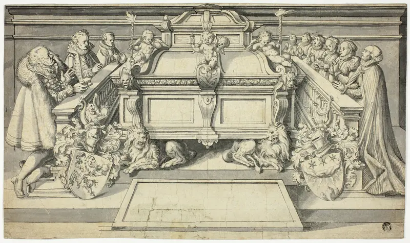Design for Epitaph: Family Members Kneeling Before Tomb Wall Art by Hans Holbein, the younger - High-Resolution Digital Print