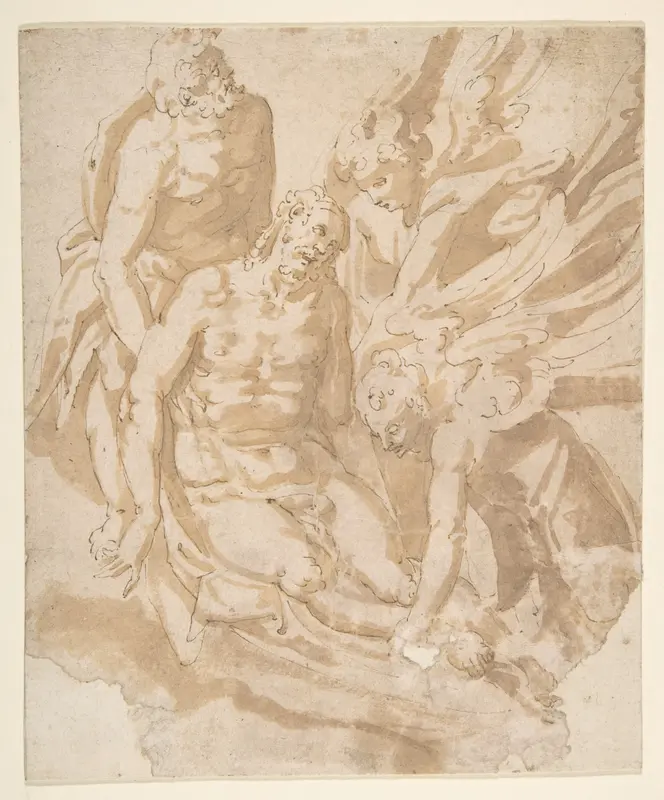 Design of Dead Christ Supported by Two Angels a Saint Wall Art by Marco Marchetti (Marco da Faenza) - High-Resolution Digital Print