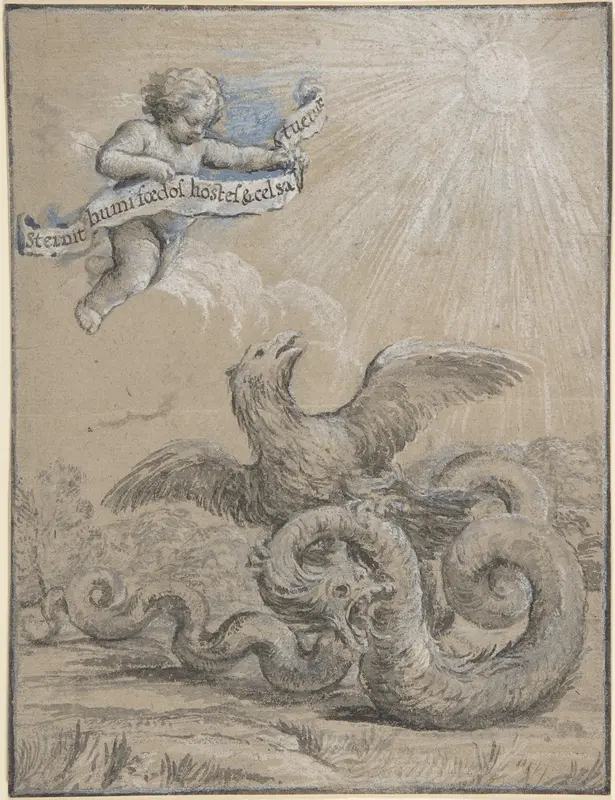 Design with an Eagle Fighting with a Serpent and a Putto in the Sky Holding an Inscribed Banner Wall Art by Pietro da Cortona (Pietro Berrettini) - High-Resolution Digital Print