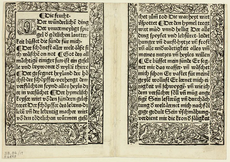 Devotional passages with ornamental borders from Andächtig Zeitglöcklein des Leben und Leidens Christi, Plate 17 from Woodcuts from Books of the 15th Century Wall Art by Unknown artist - High-Resolution Digital Print