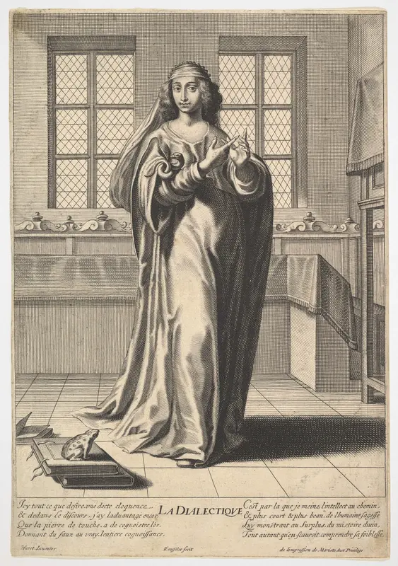 Dialectic: a young woman standing in a decorated interior and touching her right index finger to her left middle finger in a counting gesture, at her feet is a toad seated on a stack of books, from "The liberal arts" (Les arts liberaux) Wall Art by Gilles Rousselet - High-Resolution Digital Print