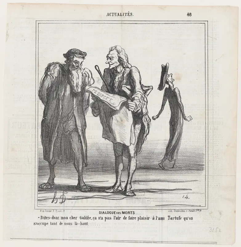 Dialogue of the dead: Say, my dear Galileo, this will not please our old friend Tartuffe that they are paying so much attention to us, from 'News of the day,' published in "Le Charivari" Wall Art by Honoré Daumier - High-Resolution Digital Print