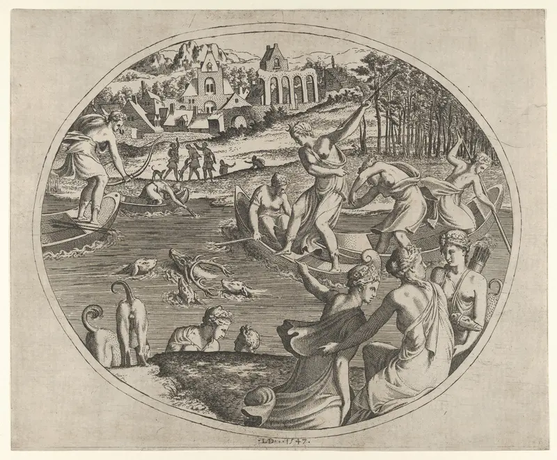 Diana and Her Nymphs Pursuing a Stag, from "Three Prints on Hunting and Fishing" by Léon Davent - High-Resolution Digital Print
